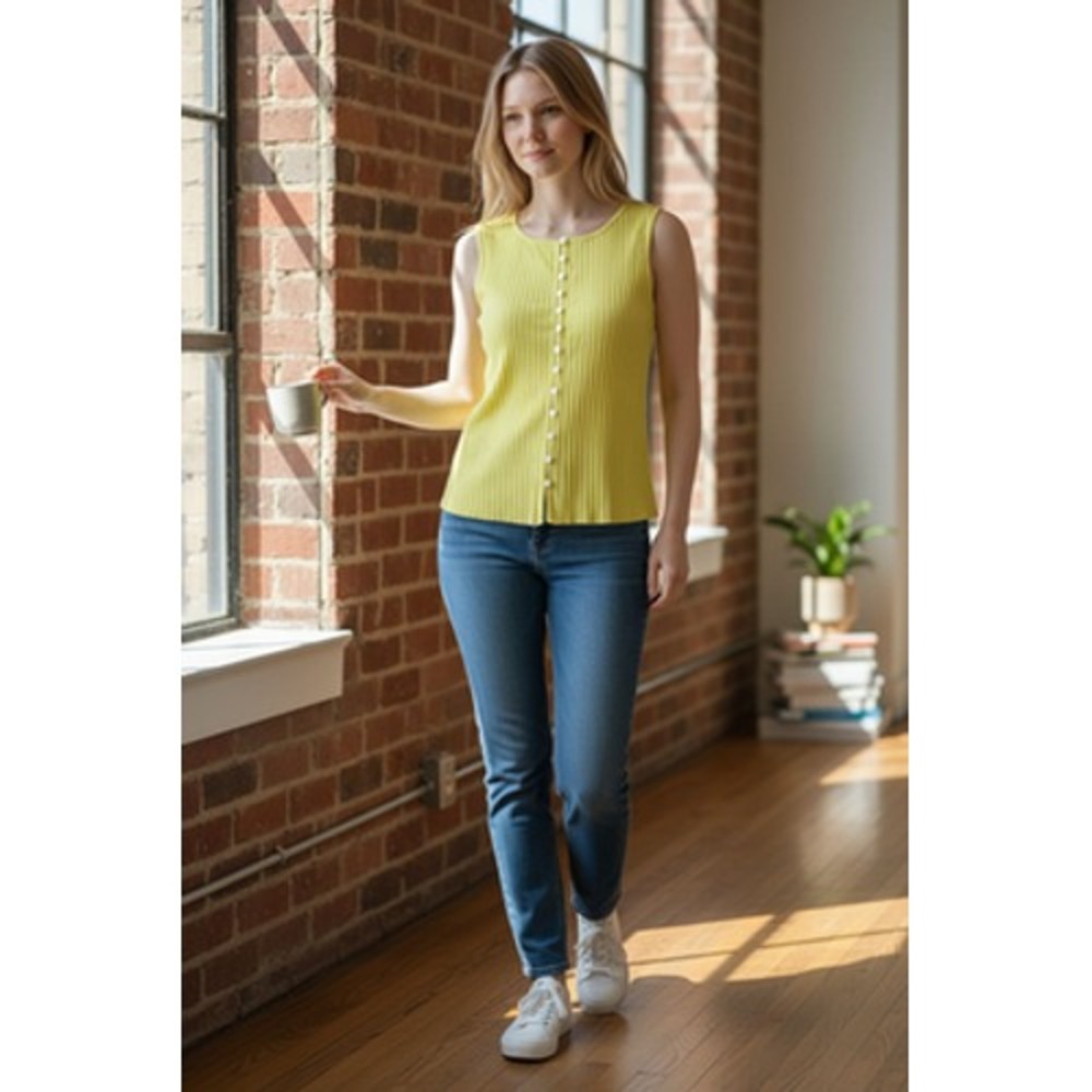 Free People Tank Top Womens Medium Yellow Ribbed‎ Button Front Knit OB2078588